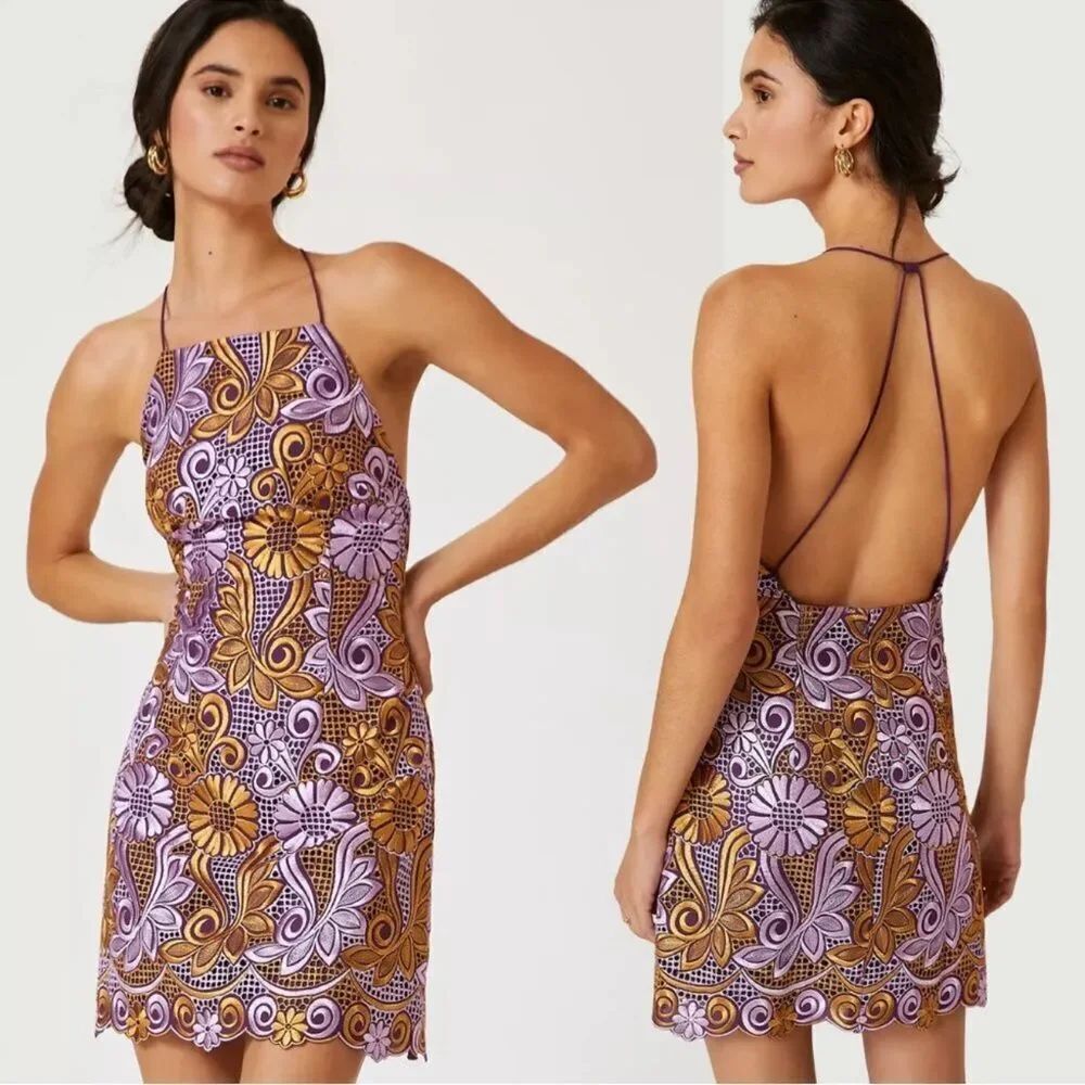 Anthropologie Purple Gold Floral
Embroidered Sleeveless Halter Mini Dress
RR13
